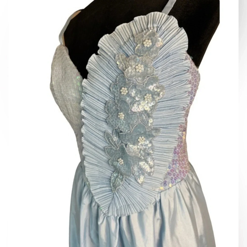 Alyce Designs 70s Vintage Sequin Blue Gown Sweetheart Neckline Tulle Lined - Picture 2 of 12